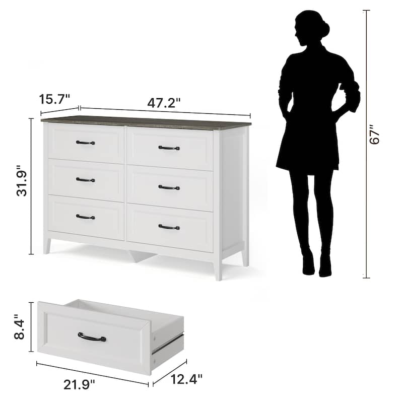 43.3" W 6 Drawer Dresser, Wood Storage Closet Dressers Chest of Drawers for Bedroom