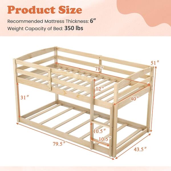 dimension image slide 2 of 4, Costway Twin over Twin Low Bunk Bed with Guardrails Integrated Ladder