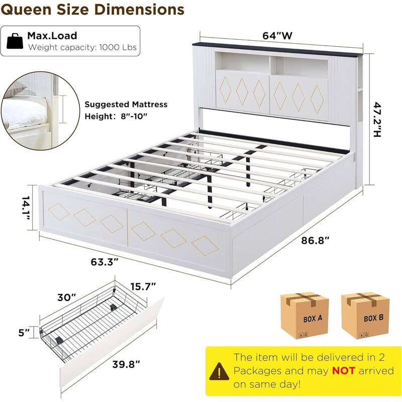 Modern Queen Size Wood Bed Frame with Charging Station and LED Lights