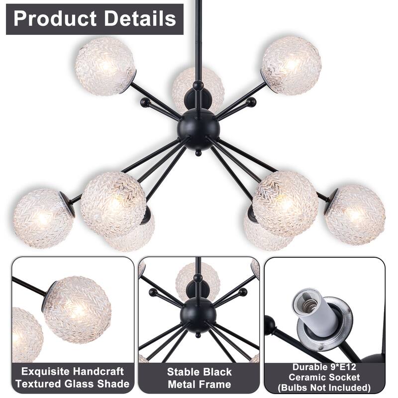 31.5" 9-Light Modern Black Sputnik Pendant Light Pineapple Glass Globe - Dia.31.5-in