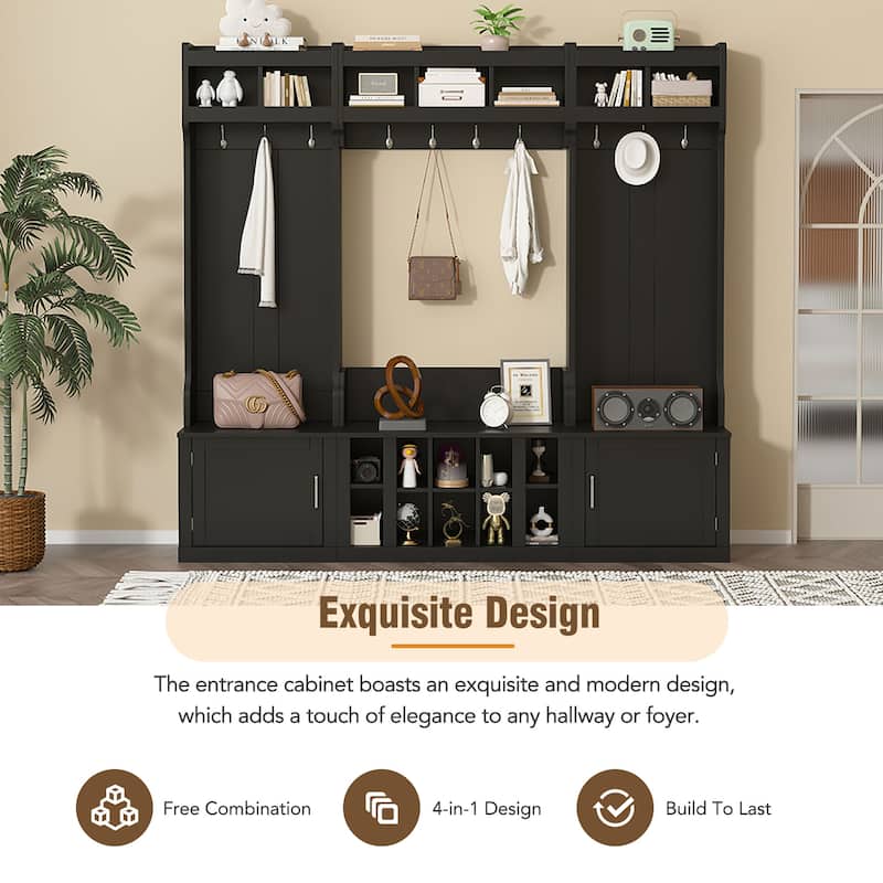 Wide Design Hall Tree with Storage and Bench, 4-IN-1 Multi-functional Entryway Bench with Coat Rack and Shoe Cubbies