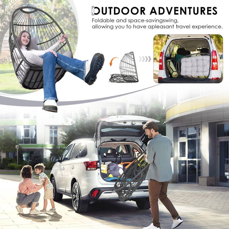 Outdoor Indoor Wicker Foldable Hanging Egg Chair Without Stand, Patio Swing Chair with Cushion, 350 lb Capacity