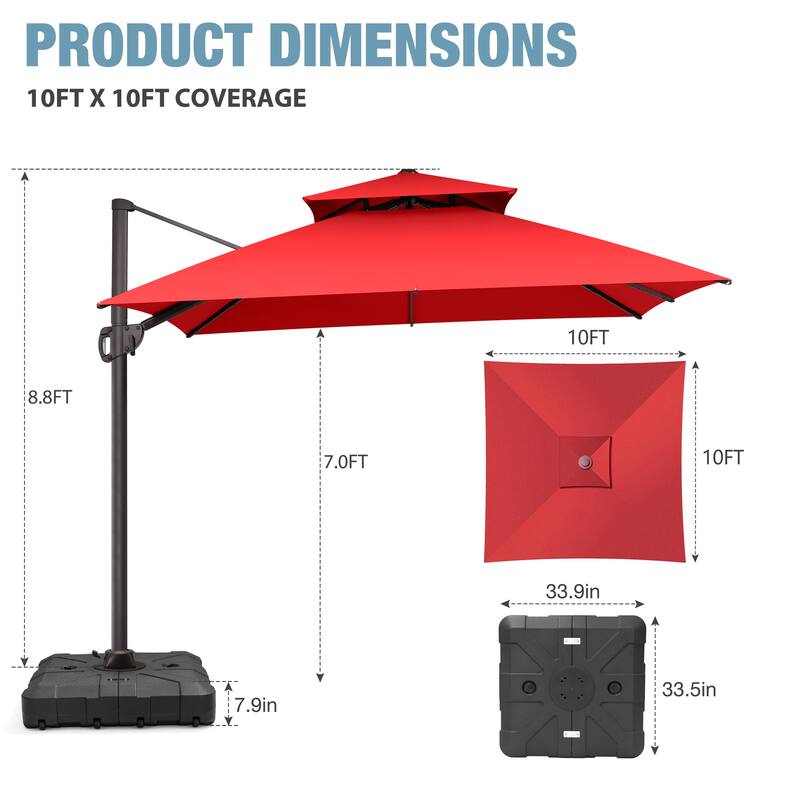 VredHom Double Top 10x10 FT Square Patio Cantilever Umbrella with Wheel Base