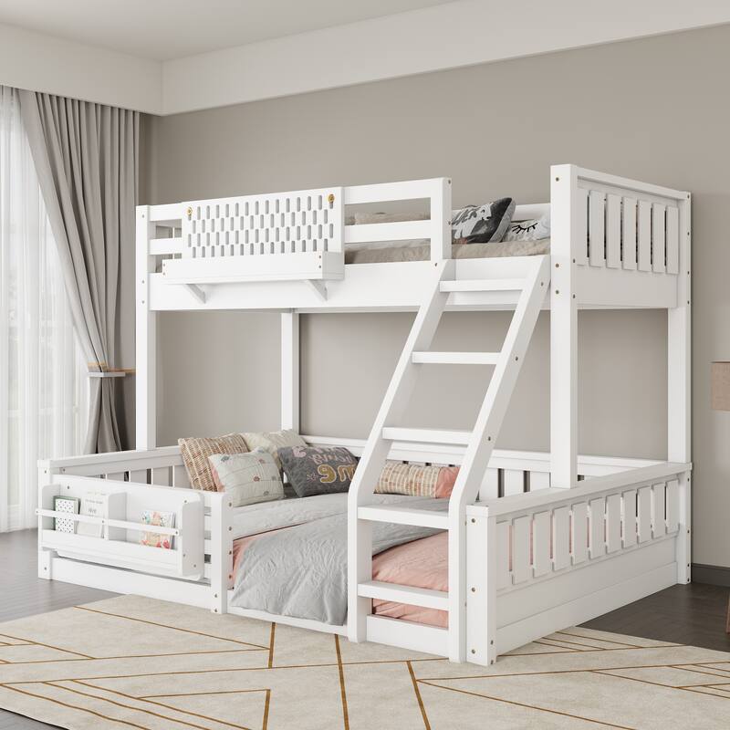 Roomfitters Bunk Bed with Bookshelf and Pegboard, Solid Wood Split Frame