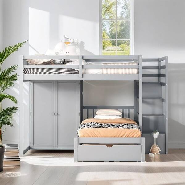 slide 2 of 32, Contemporary Full Over Twin Bunk Bed with Wardrobe and Convenient Footboard Drawers, Versatile Sleeping Arrangements, Gray Grey