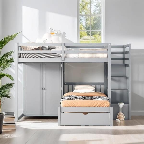 slide 2 of 32, Full Over Twin Bunk Bed with Wardrobe and Drawers, Space-saving, Gray Grey