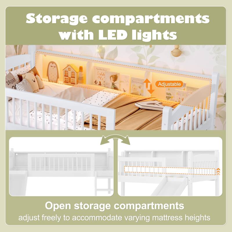 Roomfitters Twin XL Low Loft Bed with Storage Shelves and LED Lights, Solid Wood Frame