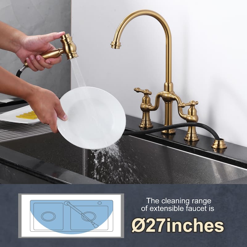 WOWOW Double Handle High Arc Bridge Kitchen Faucet with Side Sprayer