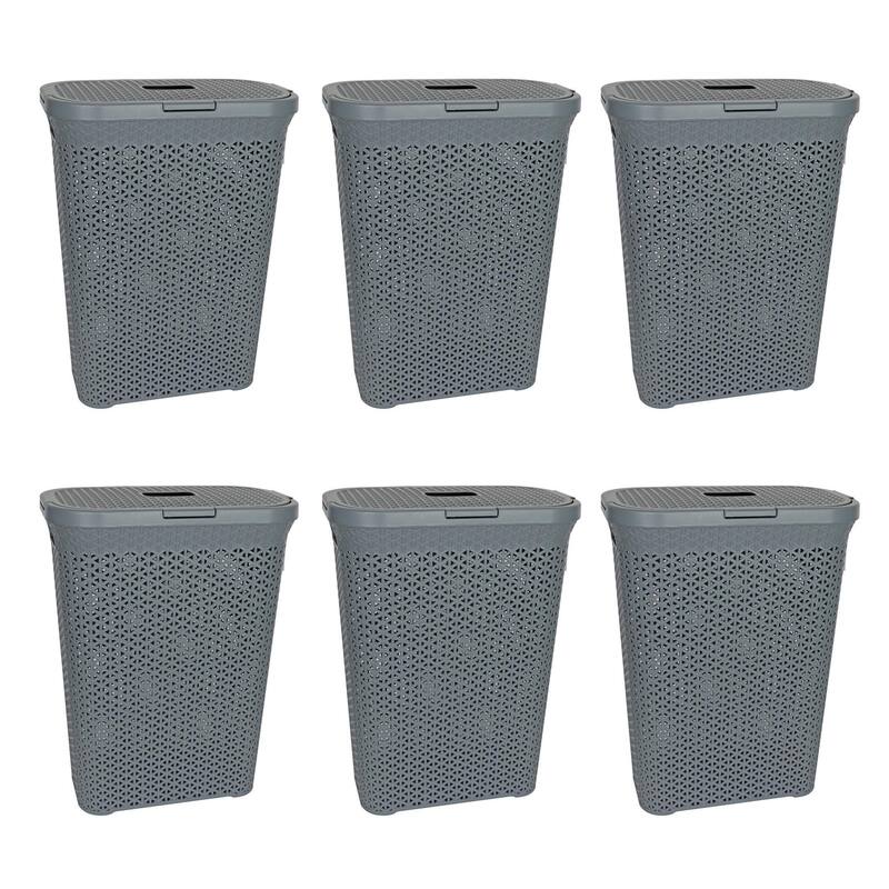 YBM Home Plastic Rattan Laundry Hamper Basket with Hinged Lid, 1663-6 - 10.5" L x 17.5" W x 23.75" H - Grey