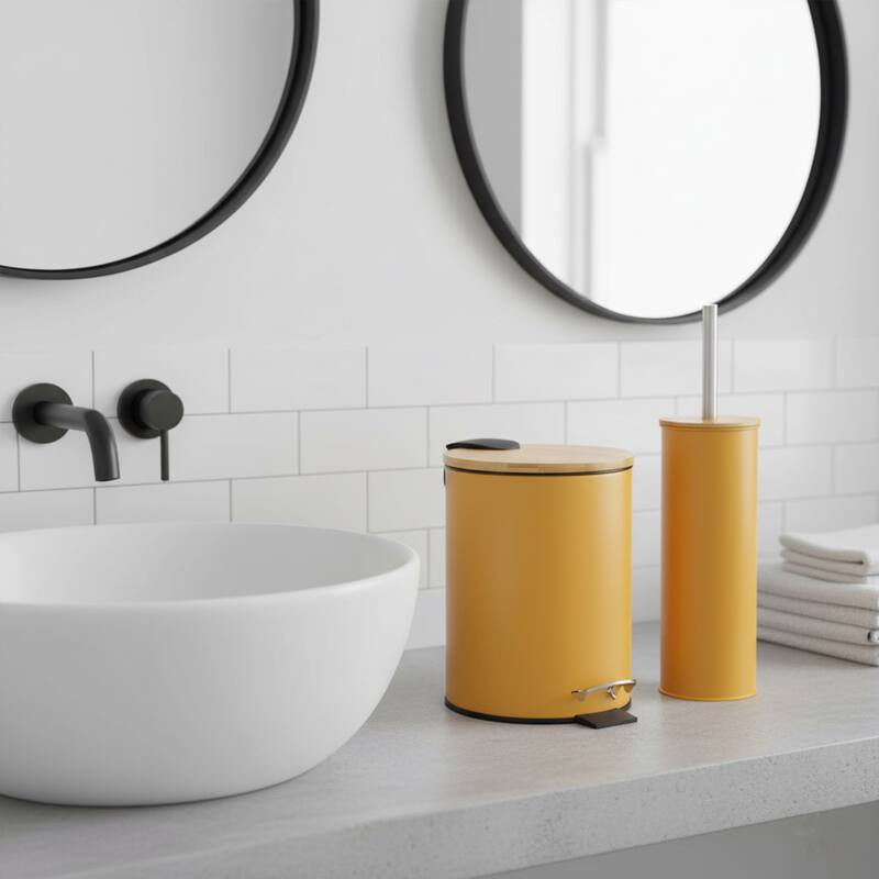 Bathroom Set with Bamboo Lid - Matte Metal Trash Can and Toilet Brush - 15.6" H x 11" L x 11" W - Mustard Yellow