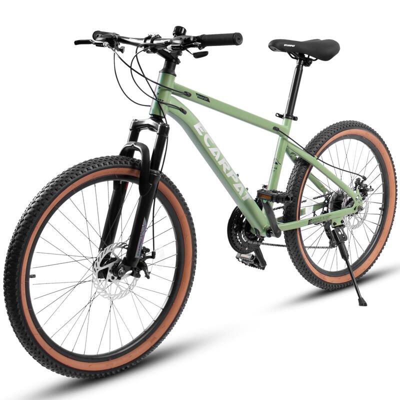 24 Inch Mountain Bike For Teenagers, High Carbon Steel Frame, Disc Brakes, Durable Design, Brown Edge Tires - Green