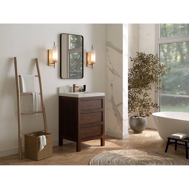 Willow Collections 24 x 22 Elizabeth Teak Single Bowl Sink Bathroom Vanity with Quartz or Marble Countertop