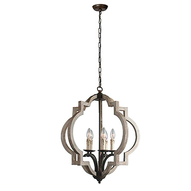 5 Light Candle chandelier in Rustic Red Finish with ornamental Oak Wood