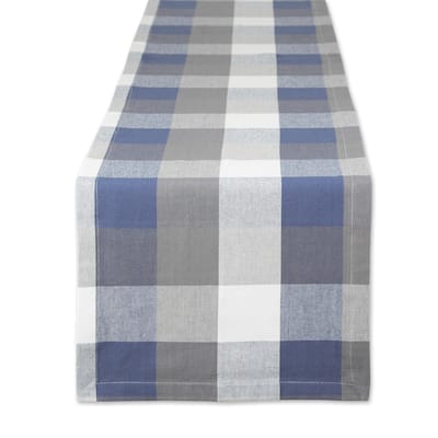Tri-Color Checkered Cotton Table Runner - 108" - Blue and Gray