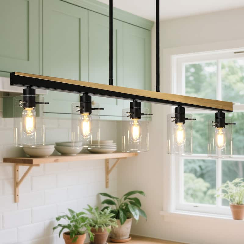 Virell Modern 5-Light 39" W Linear Island Chandelier with Clear Glass Shade - Black&Gold - 39.3"Wx3.9"Dx10"H