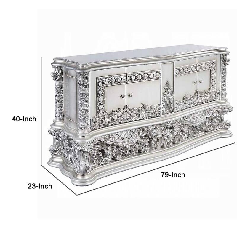 Vera Sideboard Buffet Console, 79 Inch 4 Doors, Platinum Floral Scroll