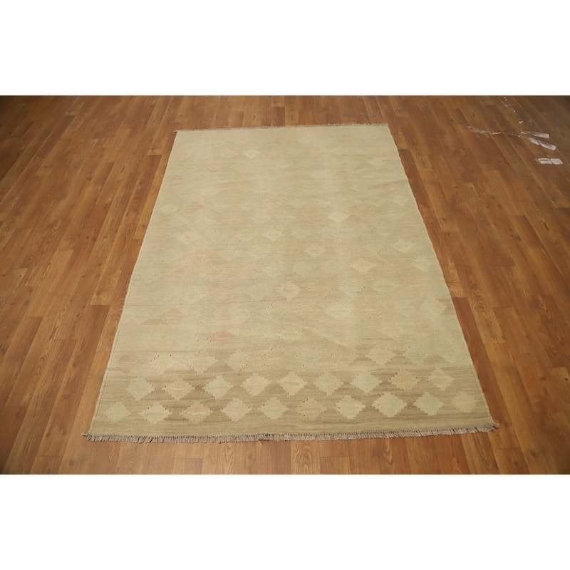 Hand Woven Oriental 100% Wool Carpet Southwestern Tribal Beige & Ivories Kilim Area Rug - 5' 8'' X 4' 0''