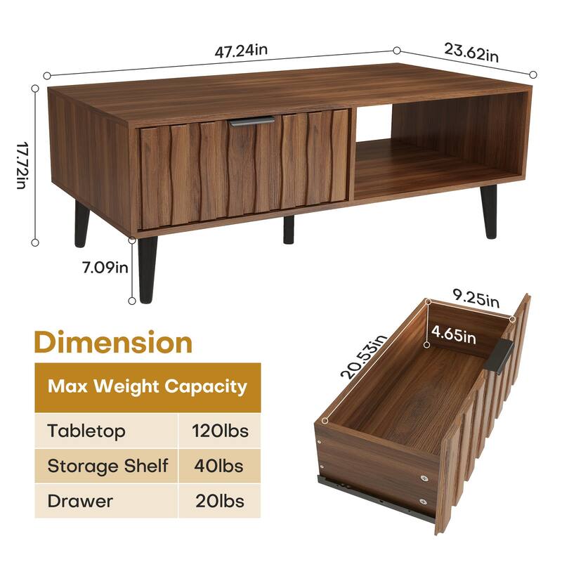 2-Drawer Mid-Century Modern Rectangular Coffee Table with Storage - 47.24"L x 23.62"W x 17.72"H