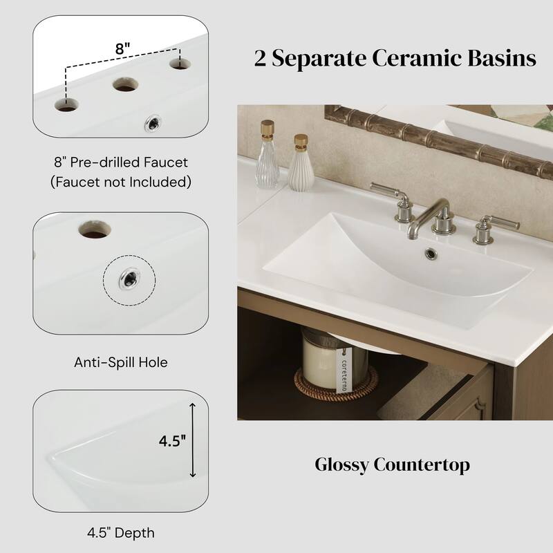 Christopher Knight Home - 30" Vintage Bathroom Vanity with Ceramic Sink & Adjustable Storage Shelves