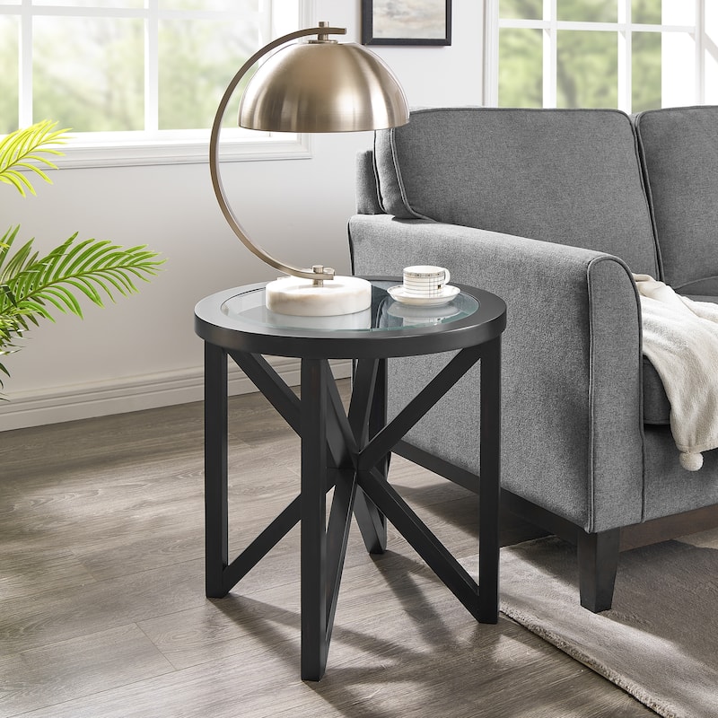 Modern Simple Glass Coffee Table, Tempered Glass Coffee Table Solid Wood Base Round Transparent Glass Top - Black