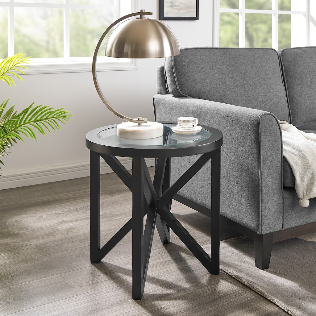 Roomfitters Modern Round Tempered Glass Coffee Table with Solid Wood Base, Transparent Top for Living Room or Study