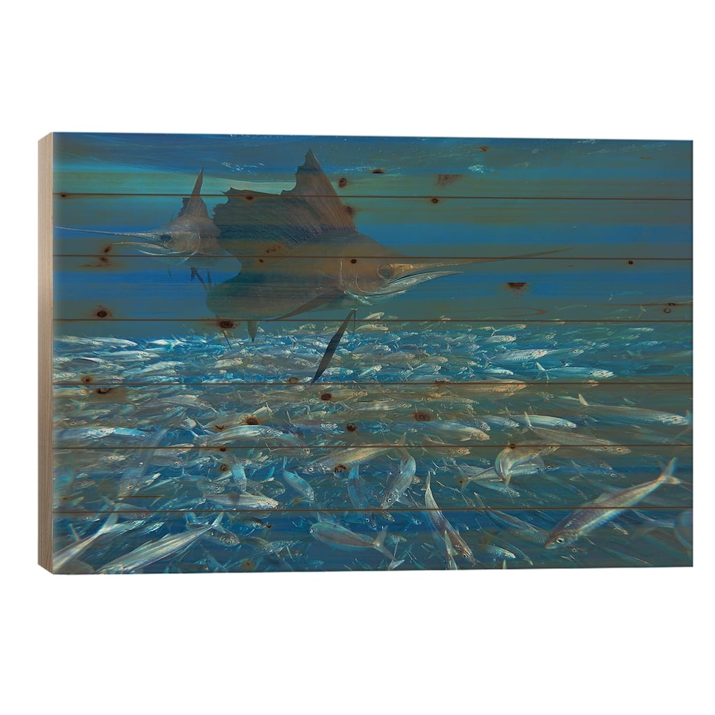 Sailfish Hunting Round Sardinella, Isla Mujeres, Mexico Print On Wood by Tim Fitzharris - Multi-Color