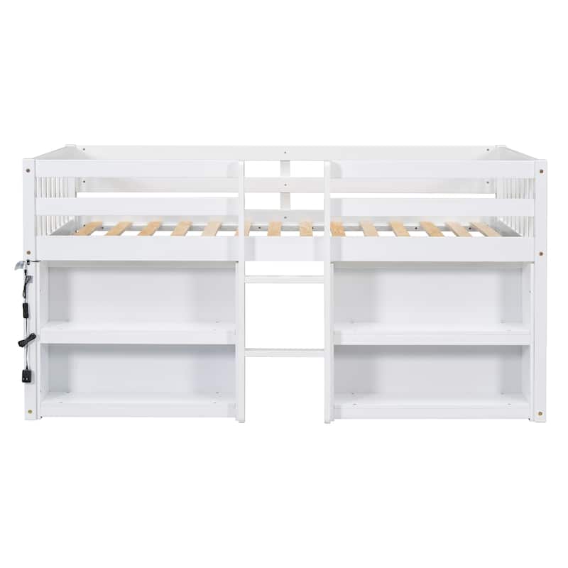 Solid Pine Twin Loft Bed, Wooden Kids Low Loft Bed with 2 Tier Shelves and LED Light, Low Loftbed Frame with Under Bed Storage