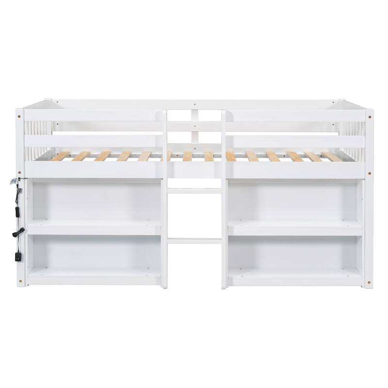 Twin Size Wood Low Loft Bed with Two-Tier Shelves and LED