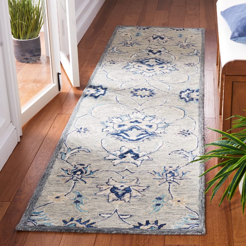 SAFAVIEH Handmade Micro-Loop Ajeta Floral Wool Rug - 2'3" x 9' Runner - Grey/Blue