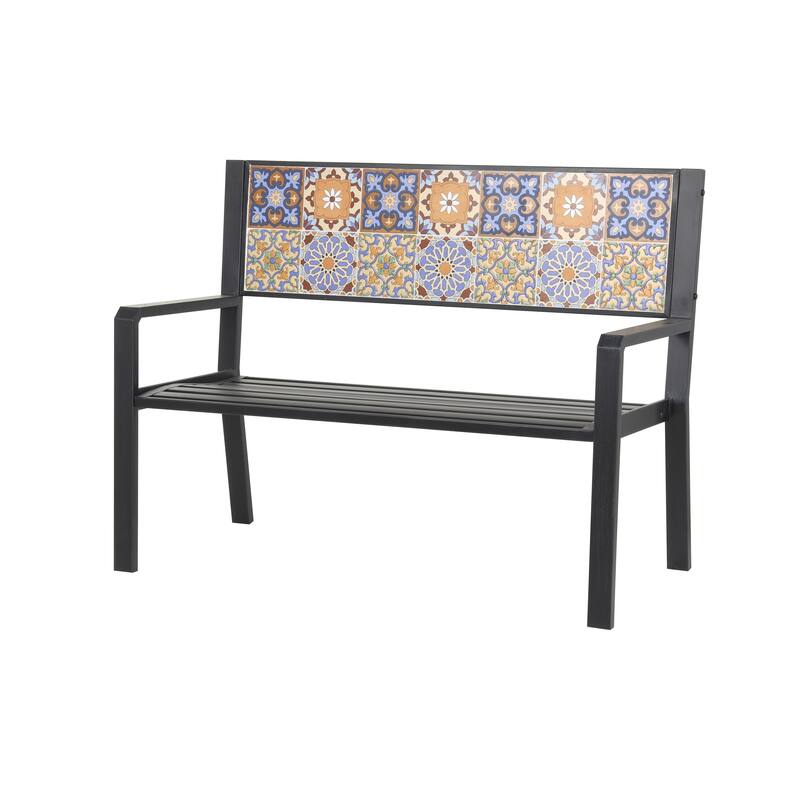 Black or White Metal Mosaic Floral and Scroll Outdoor Bench with Orange and Blue Patterns