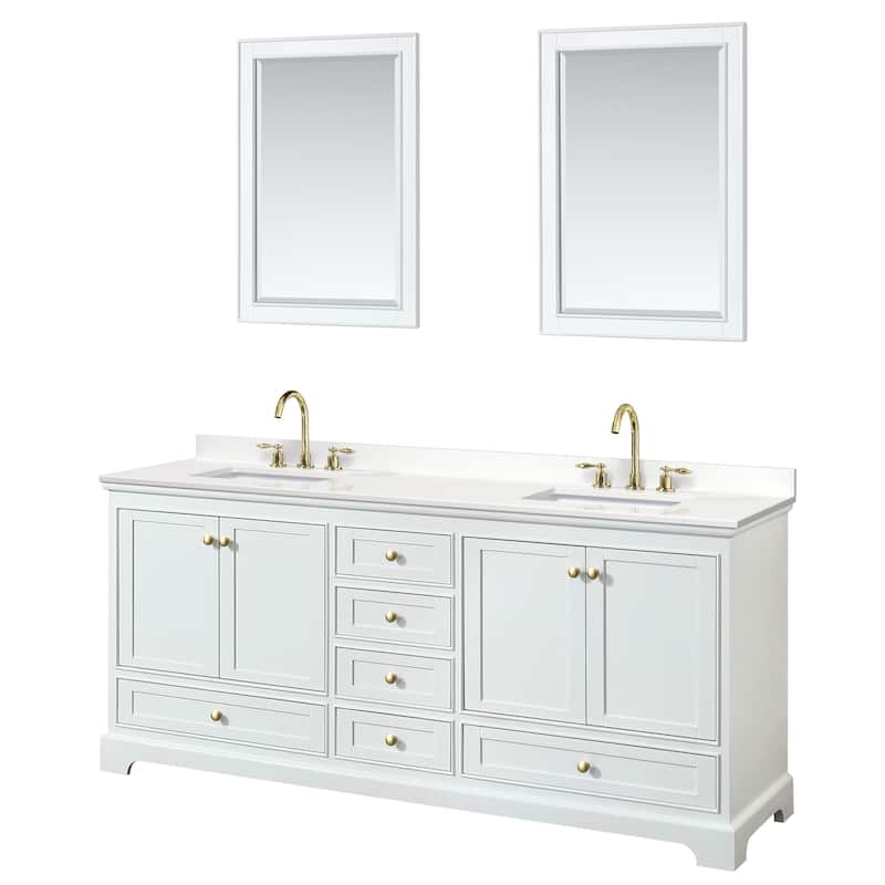 Deborah 80-inch Double Vanity, Quartz Top, 24-inch Mirrors - White, Gold Trim, White Quartz Top
