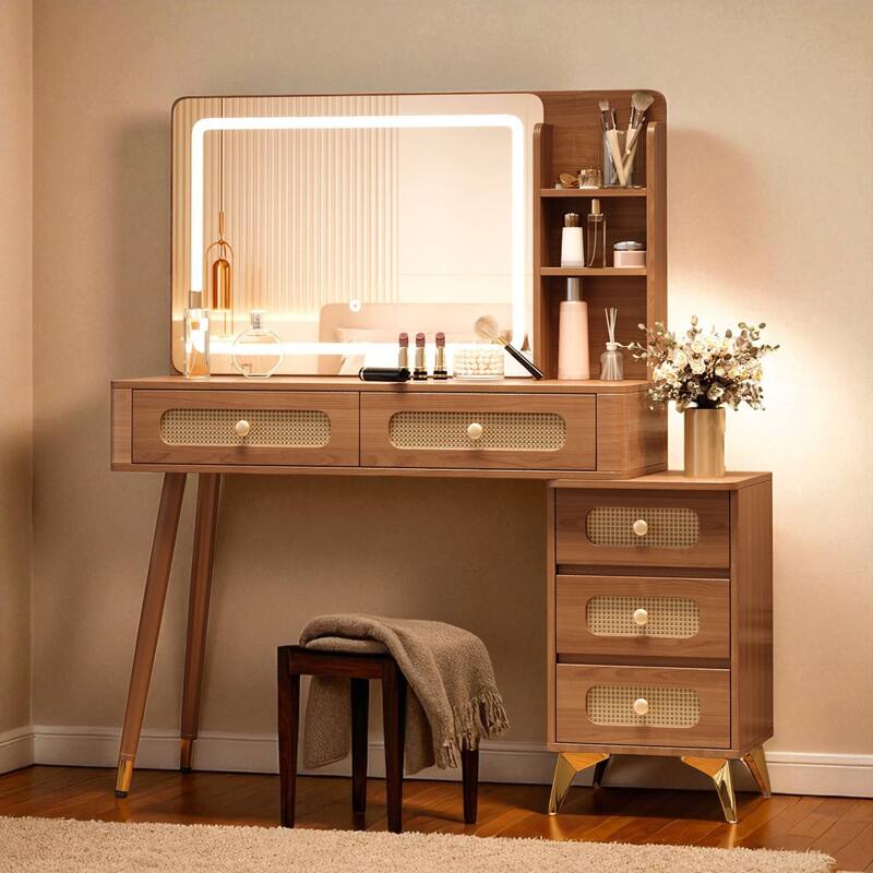 47'' Vintage Makeup Vanity with Mirror and Lights, Dressing Table with 5 Drawers, Storage Shelf & Rattan Design
