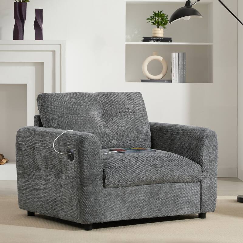 42" Wide Seat Chenille Armchair - Dual USB Ports, Pull-Line Tufted Design & High-Density Foam Cushion - Grey