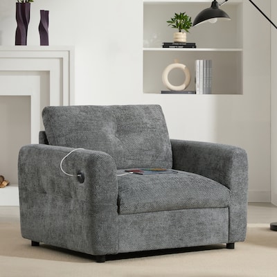 42*33" Single Sofa, Armchair with Dual-port Charger, Pull-line & Tufted Design, High-density Foam, Chenille, Gray