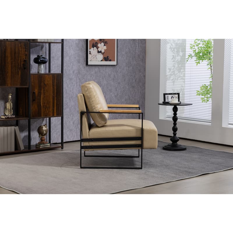 Khaki PU Modern PU Upholstered Accent Chair with Sturdy Metal Frame and Waist Cushion