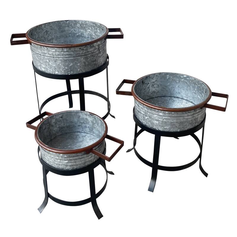 21, 18, and 16 Inch 3 Piece Round Tub Metal Planter Set with Stand in Galvanized Gray and Black Iron
