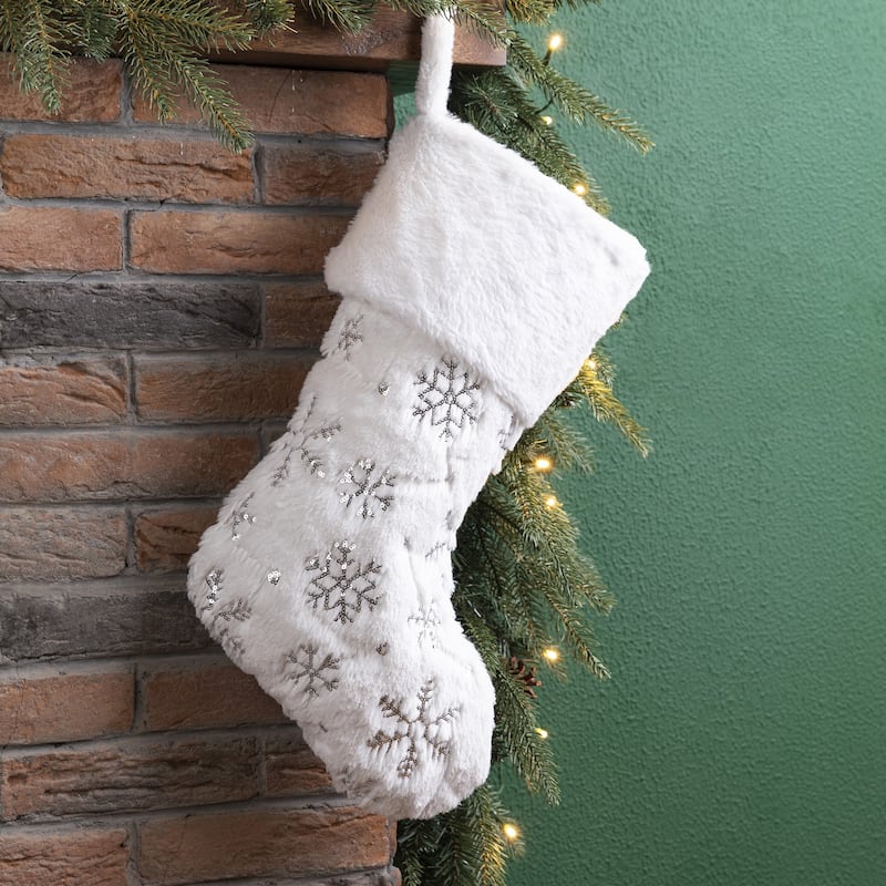 Glitzhome White Plush with Snowflake Christmas Stocking - 21"L