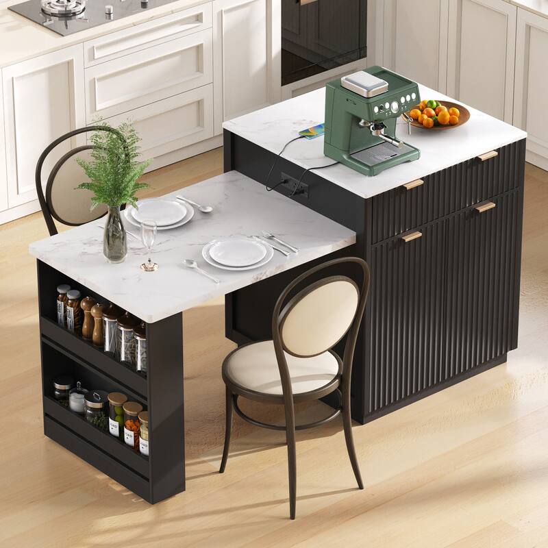 82.6" Fluted Kitchen Island with Extendable Dining Table, Power Outlet, Double-Side Storage for 4-6