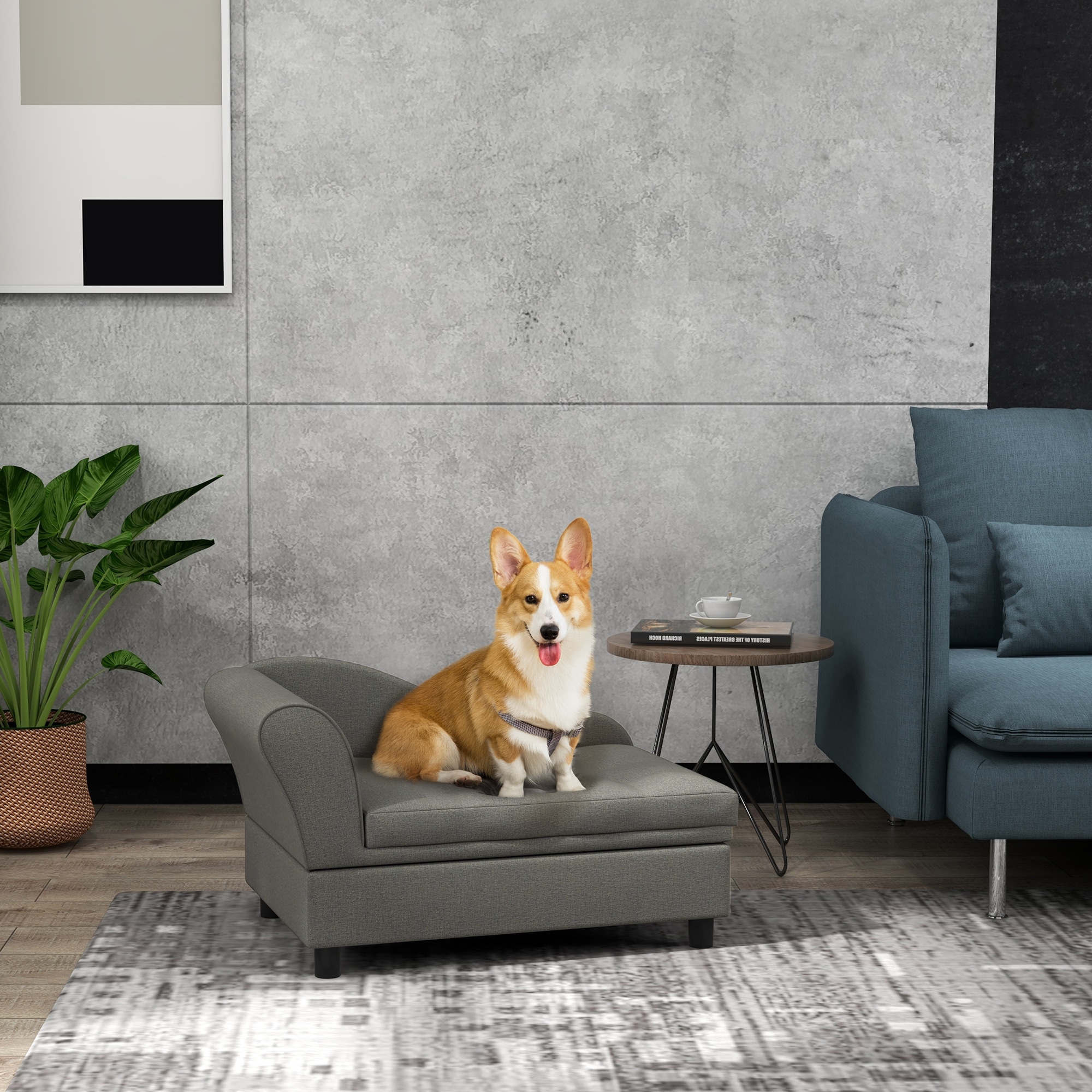 PawHut Pet Sofa, Dog Couch, Elevated Pet Bed for Small Dogs, with Hidden Storage, Soft Tufted Cushion, Gray - medium