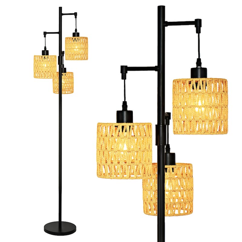 Boho 3-Light Tree Floor Lamp With Rattan Drum Shades
