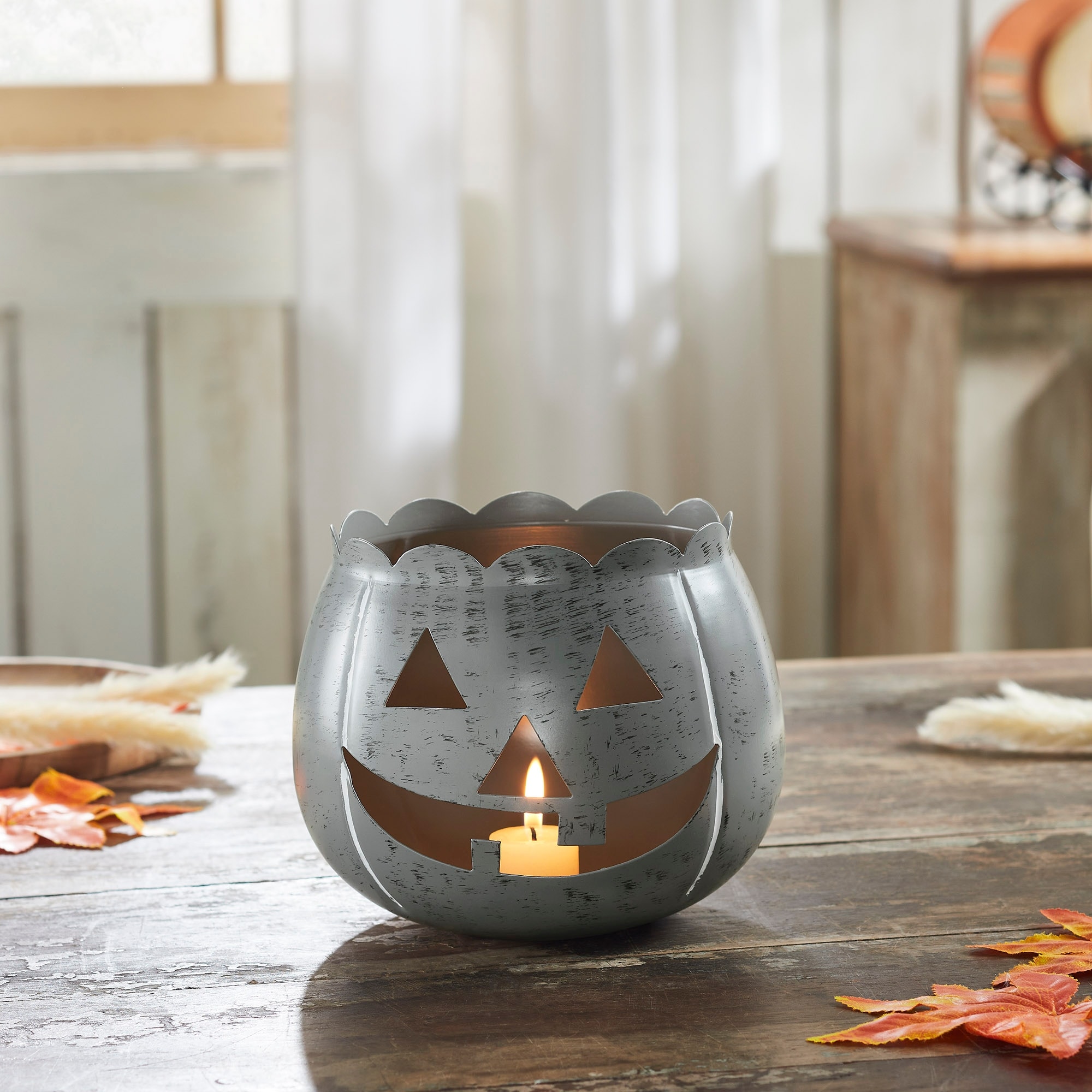 Jack-O-Lantern Candle Holder Antique Grey 6.25x7.5x7.5 - N/A