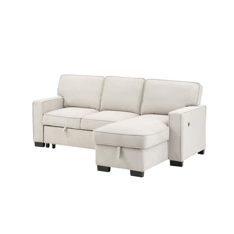 Joanne 87 Inch Sleeper Sectional Sofa with Storage Chaise, Beige Fabric