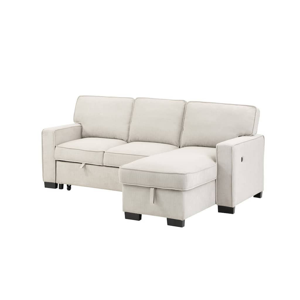 Joanne 87 Inch Sleeper Sectional Sofa with Storage Chaise, Beige Fabric