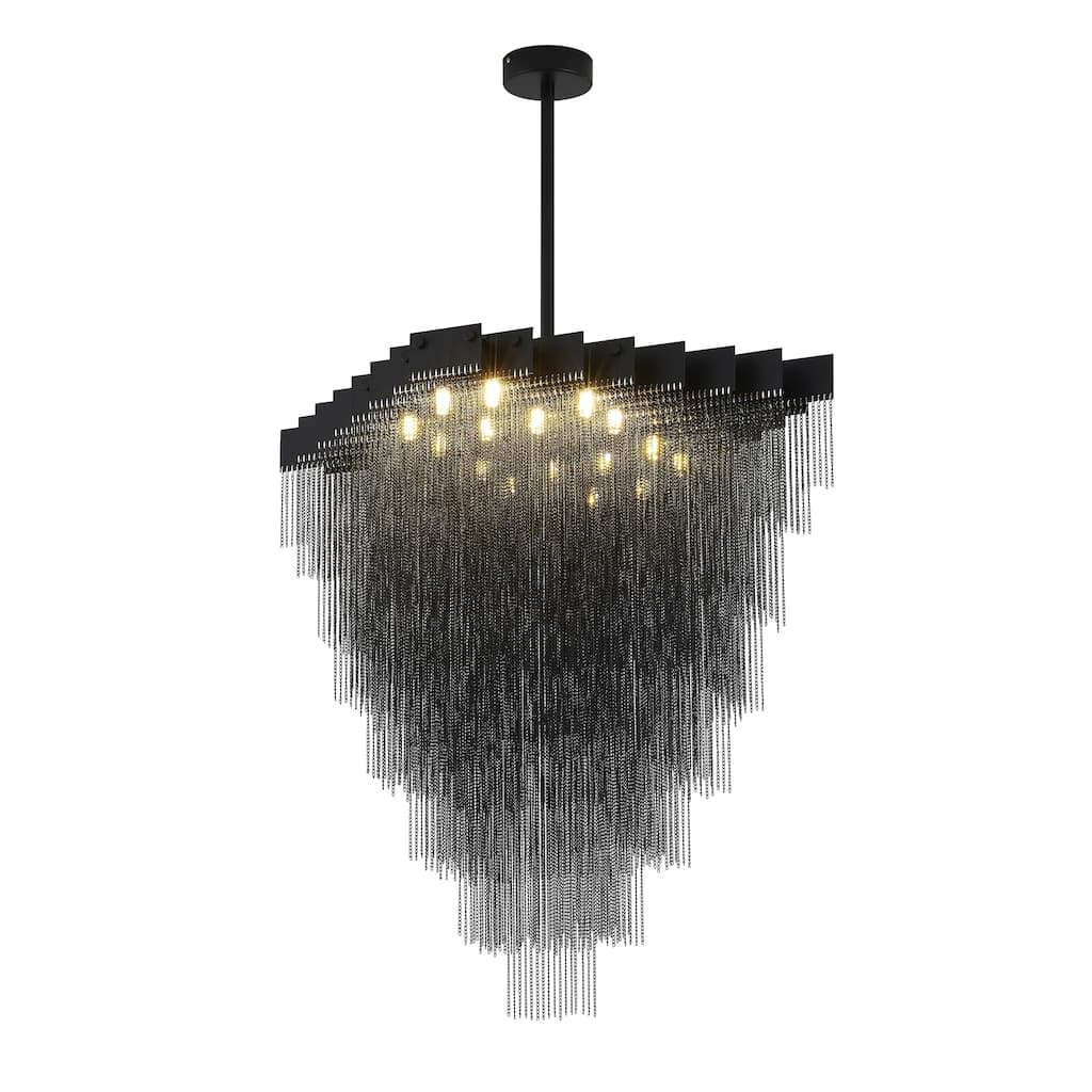 Transitional 16-Light Satin Black Chandelier With Hanging Aluminum Chains