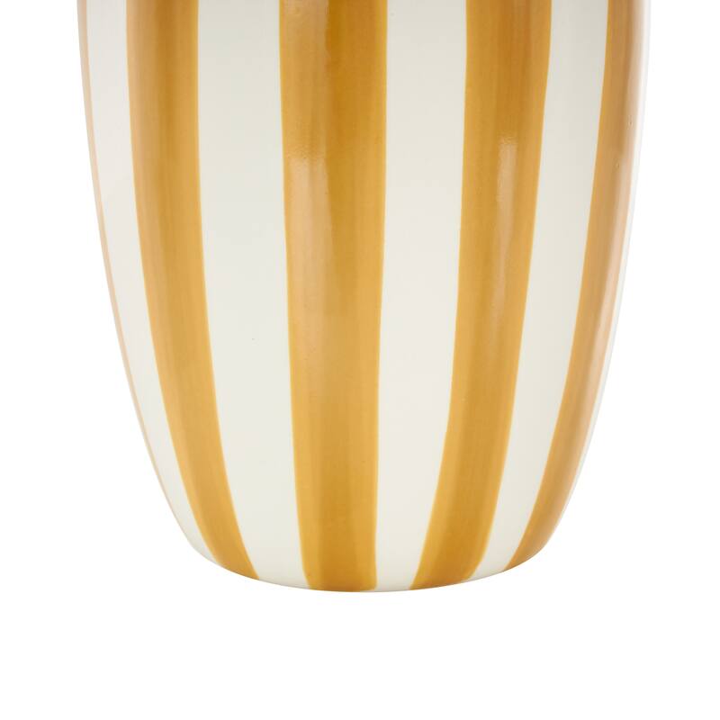 White Ceramic Round Wide Decorative Vase with Yellow or Teal Vertical Stripes