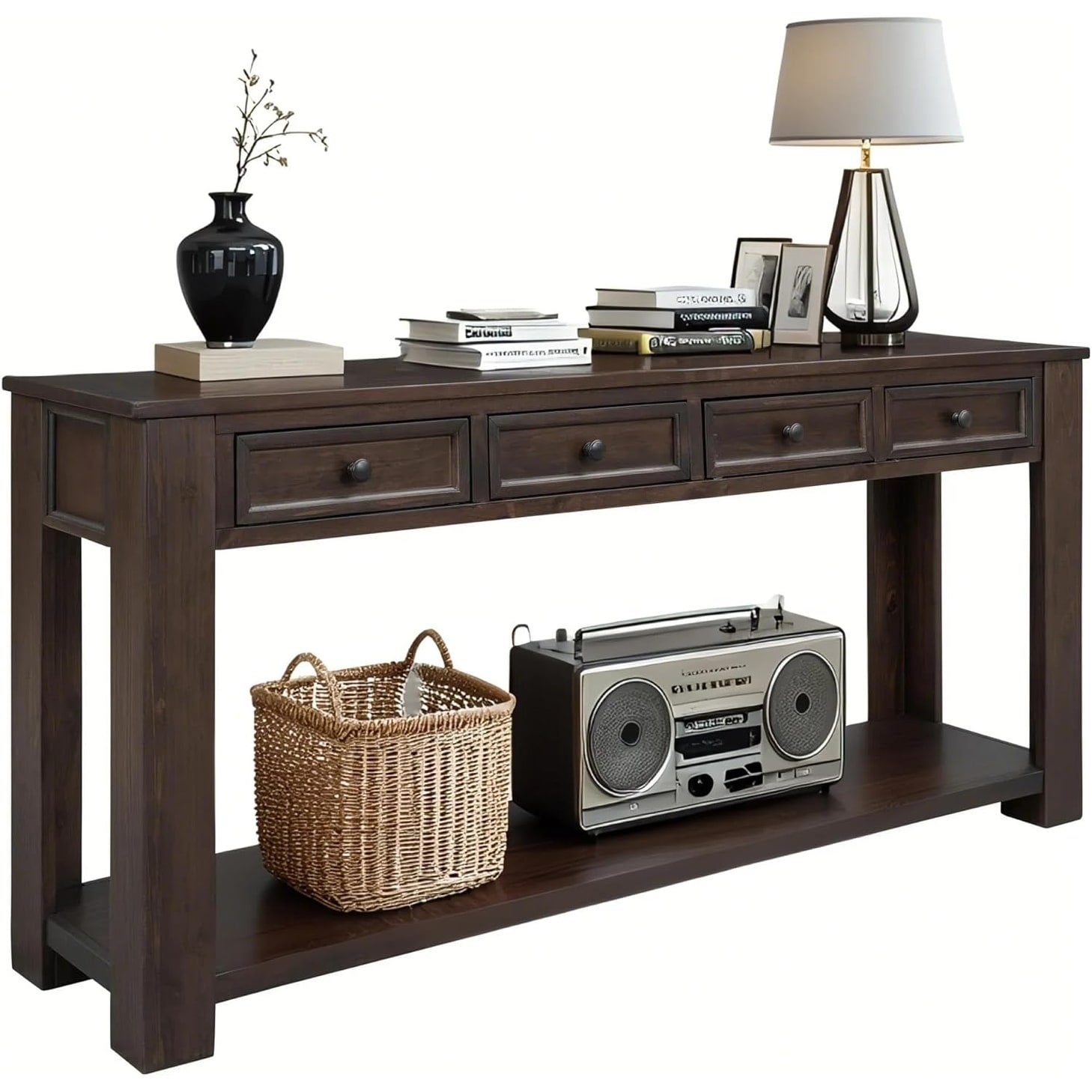 63" Solid Wood Console Table with Storage Drawers and Shelf, Farmhouse Entryway Hallway Foyer Sofa Couch Table, Easy Assembly