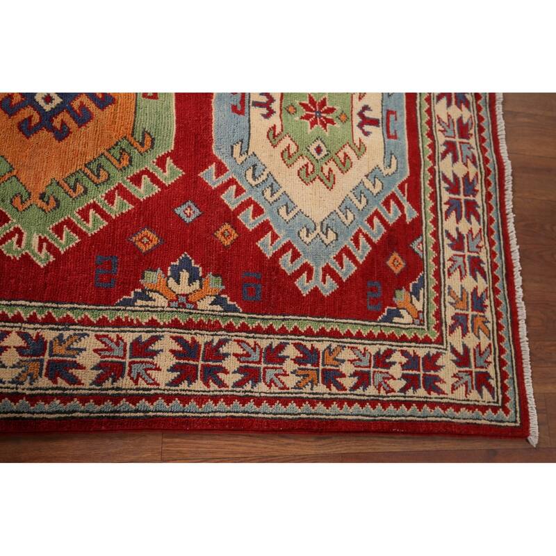 Red Geometric Kazak Foyer Rug Handmade Traditional Wool Carpet - 3'4" x 4'10"