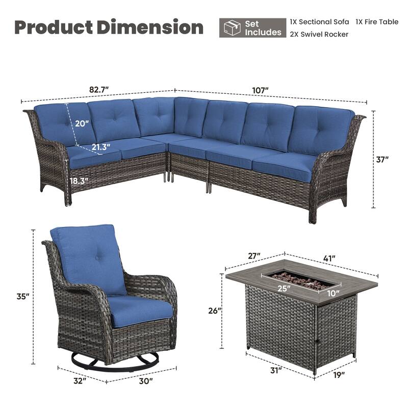 Gymojoy 4-Piece Outdoor Wicker Patio Furniture with Fire Pit and L-shaped Sectional Sofa, Coversation Set with Thick Cushions