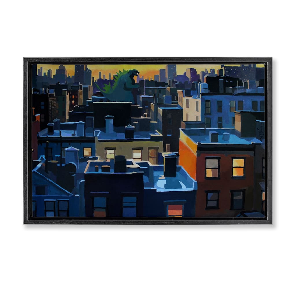 Stupell Cityscape with Distant Monster Framed Floater Canvas Wall Art Design By Keith Thomson