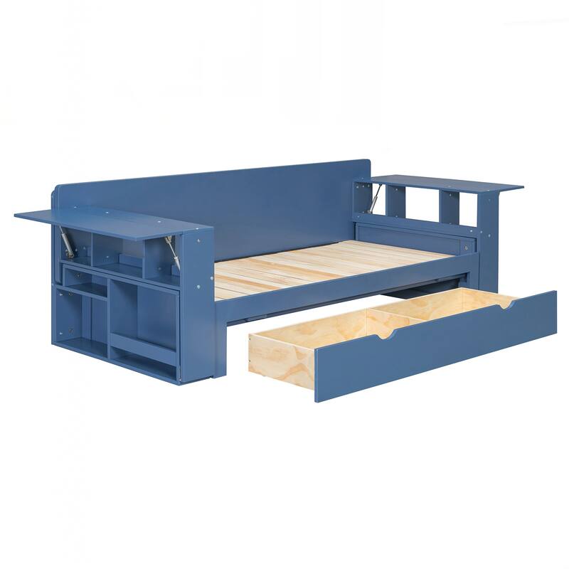 Queen Size Daybed with Removable Desk, Storage Drawers & Hydraulic Side Table